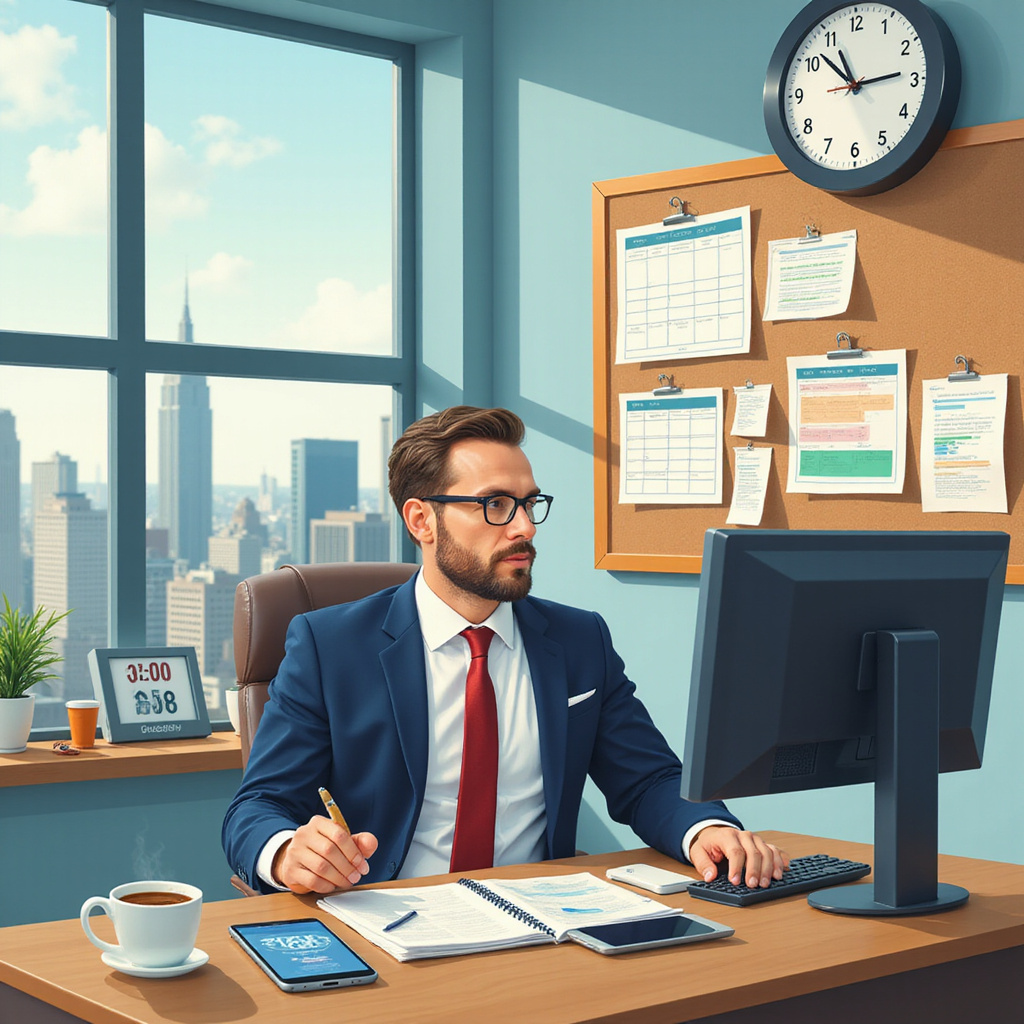 Przedsiębiorca pracujący efektywnie z wykorzystaniem technik zarządzania czasem, w tle kalendarz i narzędzia do planowania.