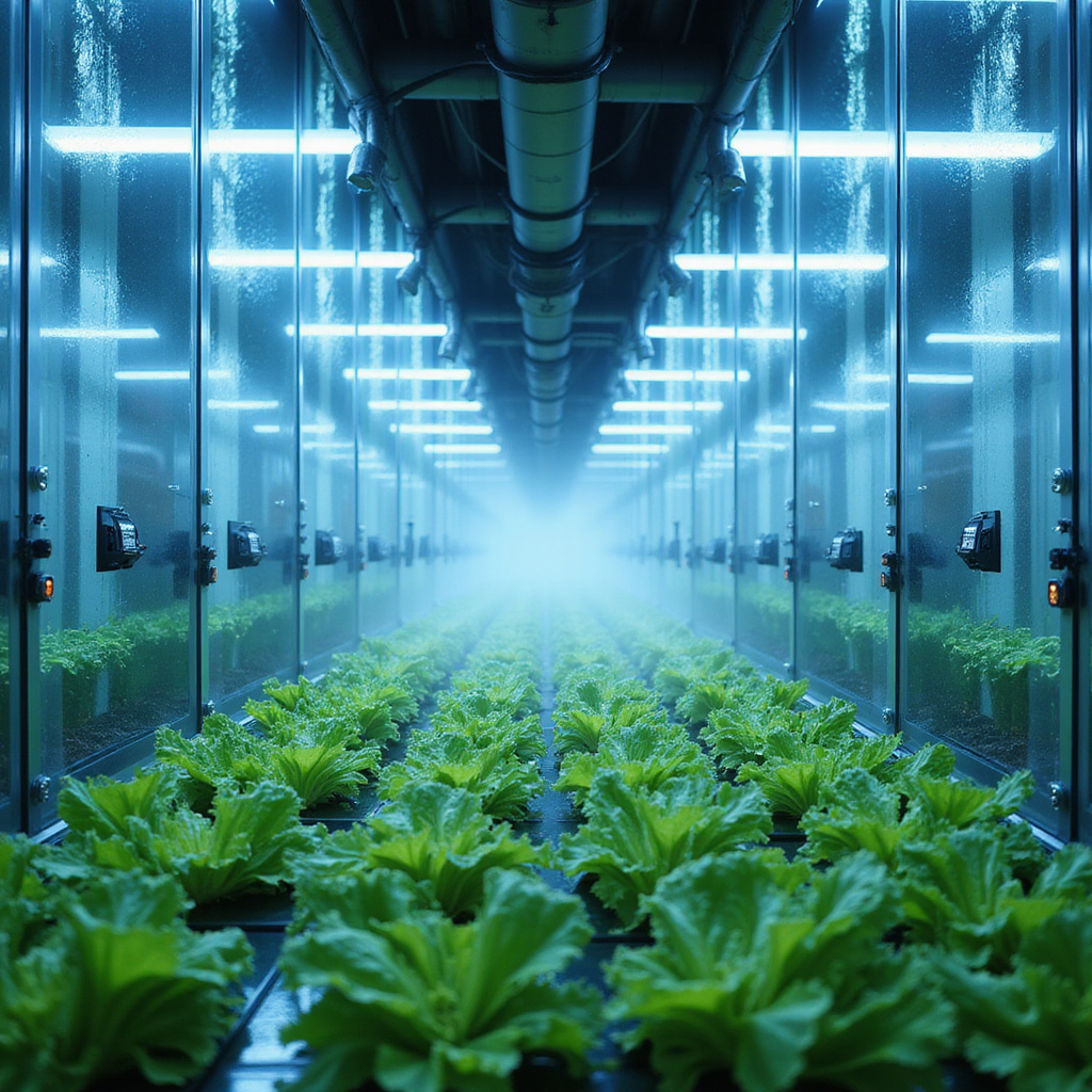 Alt-text: Wizualizacja pionowej farmy z systemem nawadniania kropelkowego, przedstawiająca zrównoważone rolnictwo przyszłości.