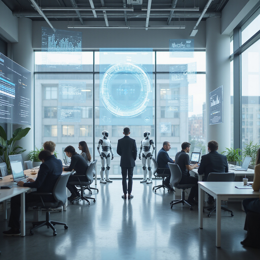 Alt-text: Grafika przedstawiająca ludzi pracujących z robotami i systemami AI w nowoczesnym biurze.