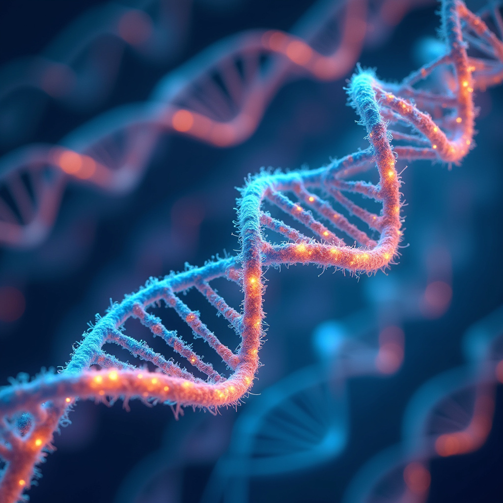Alt-text: Wizualizacja analizy DNA z wykorzystaniem sztucznej inteligencji, pokazująca dopasowanie terapii do profilu genetycznego pacjenta.