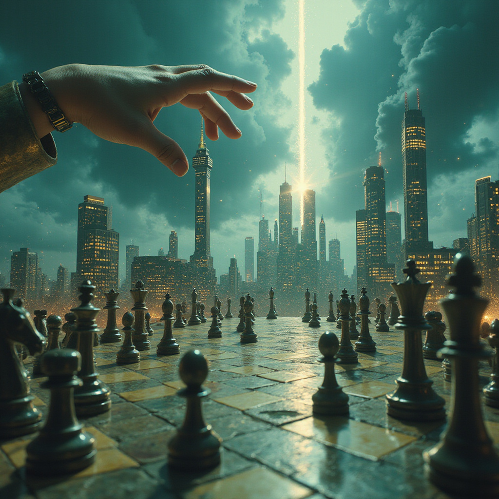 Mężczyzna stojący na szczycie góry i patrzący na rozwijające się u jego stóp tętniące życiem miasto, symbolizujące zbudowane przez niego imperium biznesowe.