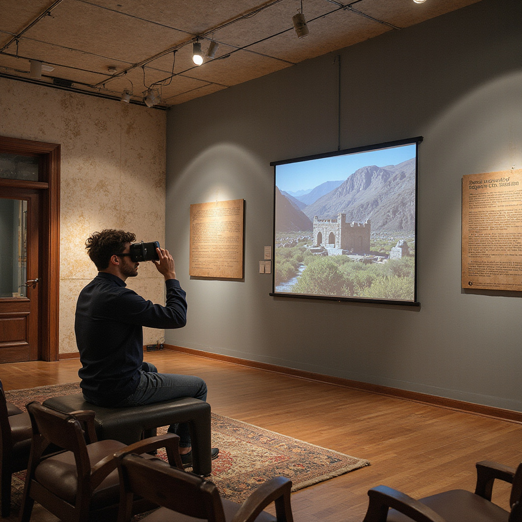 Alt-text for image: Uczniowie w goglach VR zwiedzający wirtualną rekonstrukcję średniowiecznego zamku podczas lekcji historii.