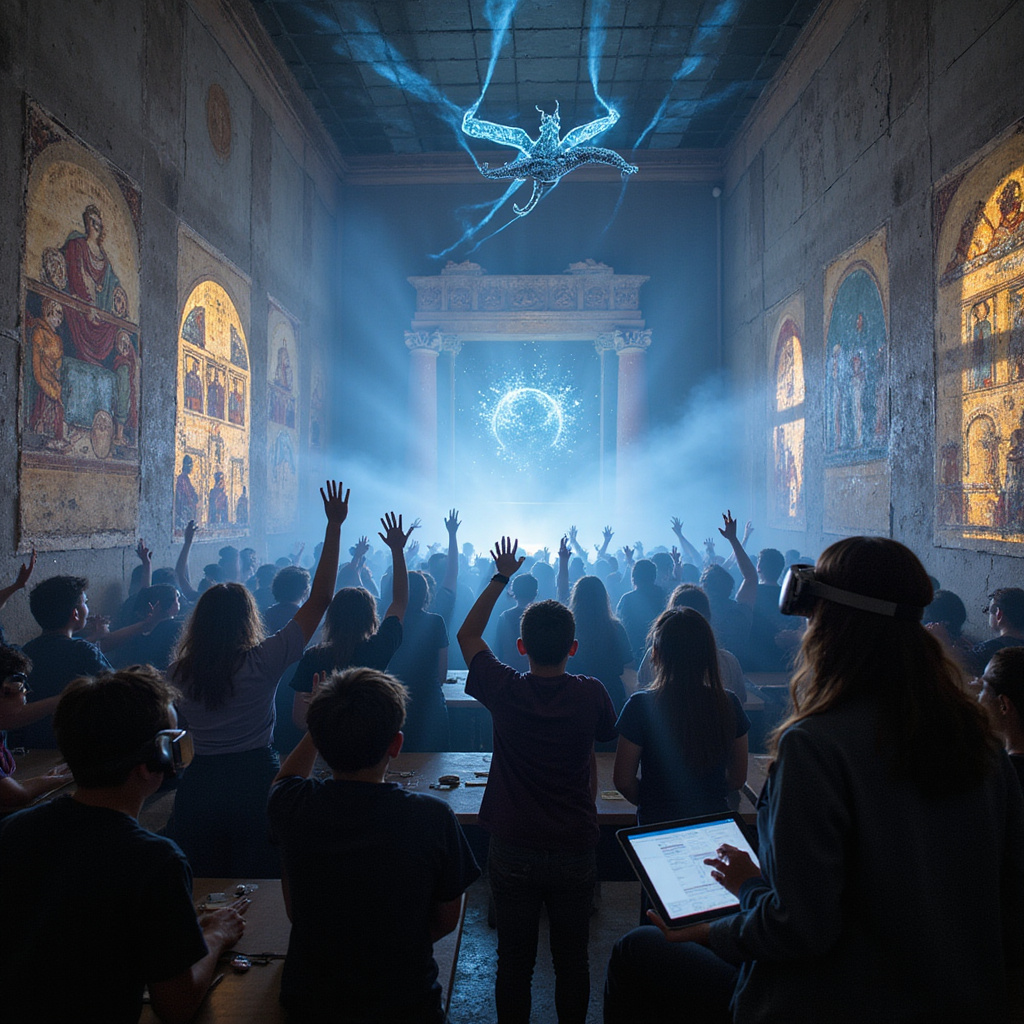 Alt-text for image: Uczniowie w goglach VR zwiedzający wirtualną rekonstrukcję średniowiecznego zamku podczas lekcji historii.