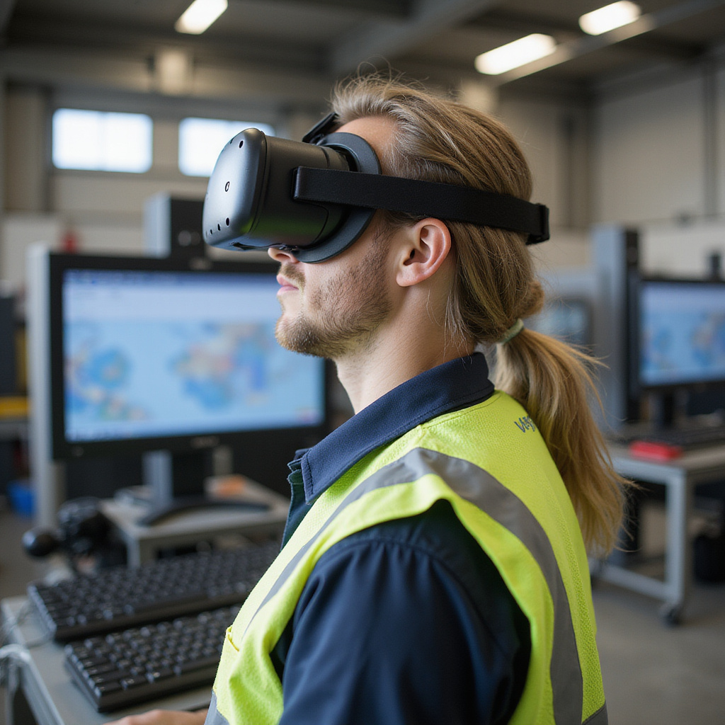 Alt-text: Pracownik w goglach VR ćwiczy obsługę przemysłowej maszyny wirtualnej na tle fabryki.