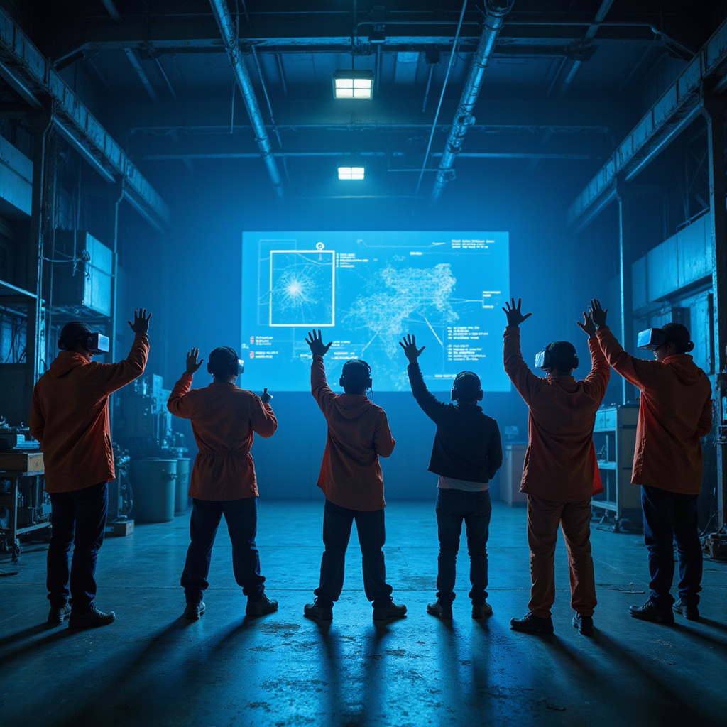 Alt-text: Pracownik w goglach VR ćwiczy obsługę przemysłowej maszyny wirtualnej na tle fabryki.