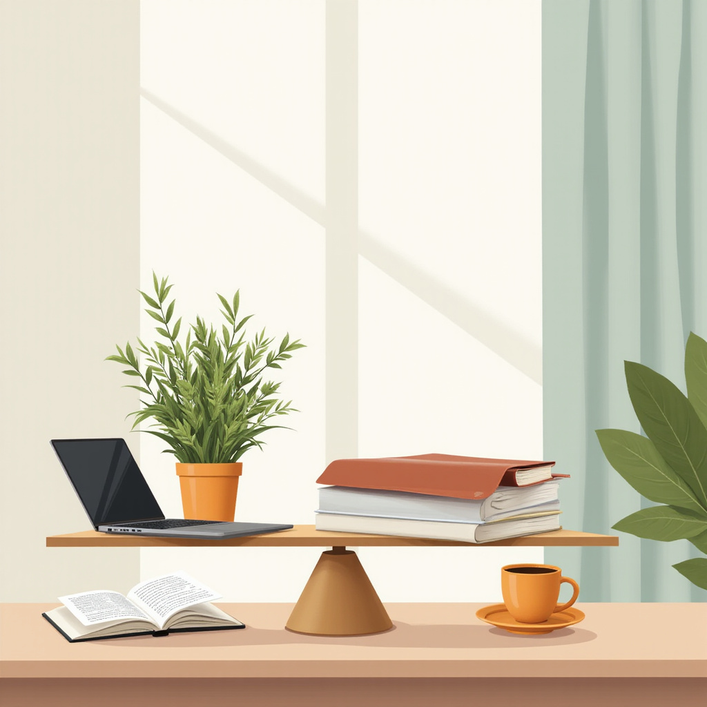 Kobieta i mężczyzna w pracy zdalnej, uśmiechnięci i zrelaksowani, z laptopem na tle domowego zacisza z oknem na zieleń, symbolizujący harmonię między obowiązkami a życiem prywatnym.