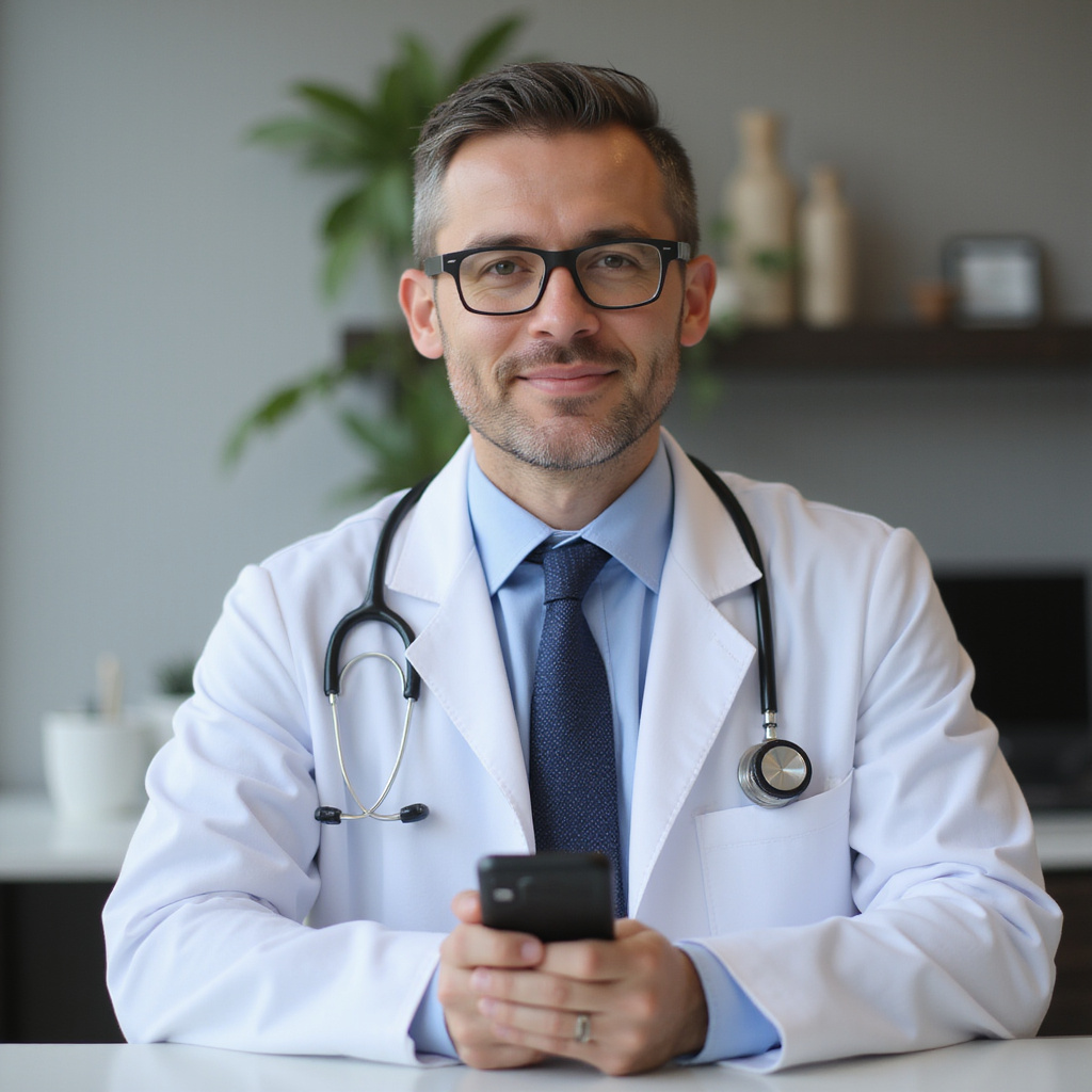 Alt-text: Lekarz przeprowadzający wideokonsultację z pacjentem za pomocą laptopa, w tle widoczne symbole medyczne i technologiczne.