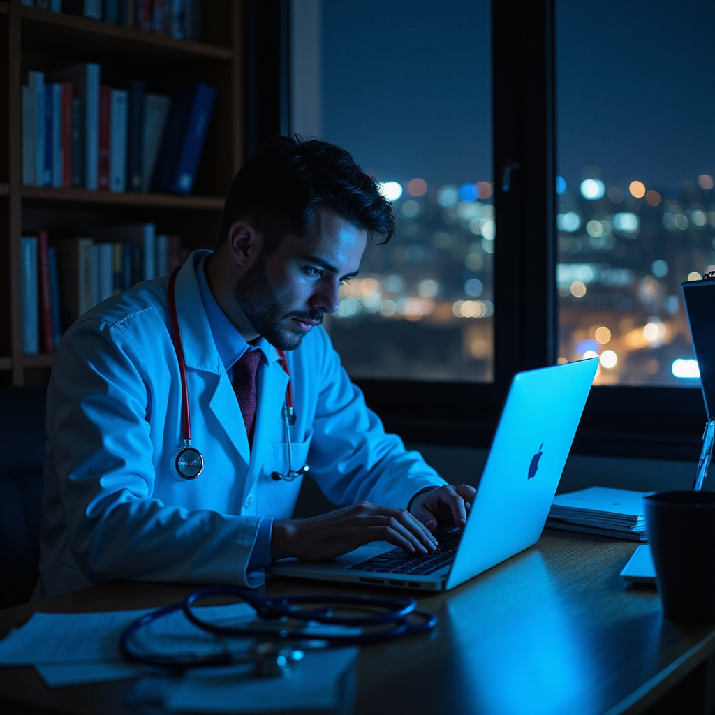 Alt-text: Lekarz przeprowadzający wideokonsultację z pacjentem za pomocą laptopa, w tle widoczne symbole medyczne i technologiczne.