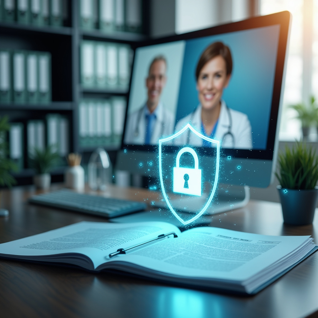 Alt-text dla obrazka: Lekarz prowadzący konsultację online przez zabezpieczoną platformę telemedyczną zgodną z HIPAA.