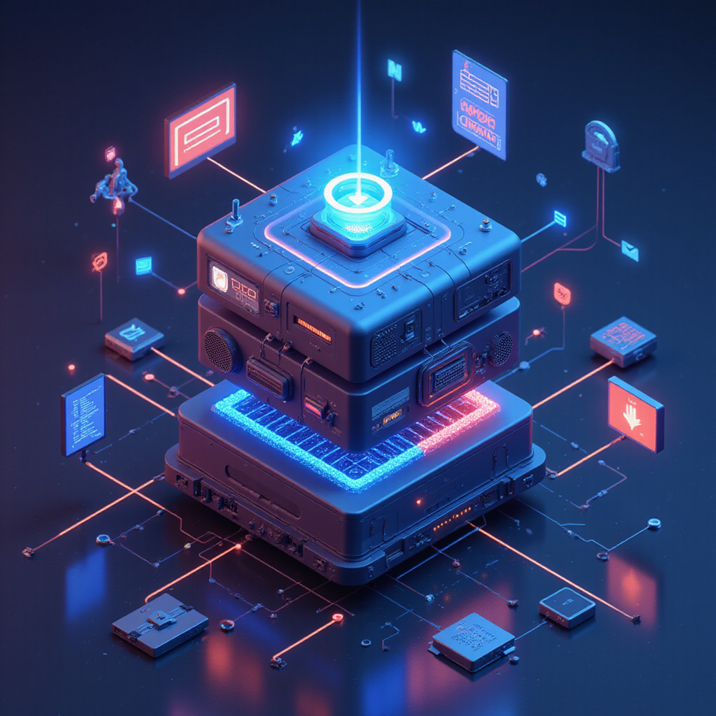 Alt-text: Grafika przedstawiająca ekran komputera z otwartymi aplikacjami do zarządzania czasem, kalendarzem i komunikacją, połączonymi strzałkami symbolizującymi integrację technologii.