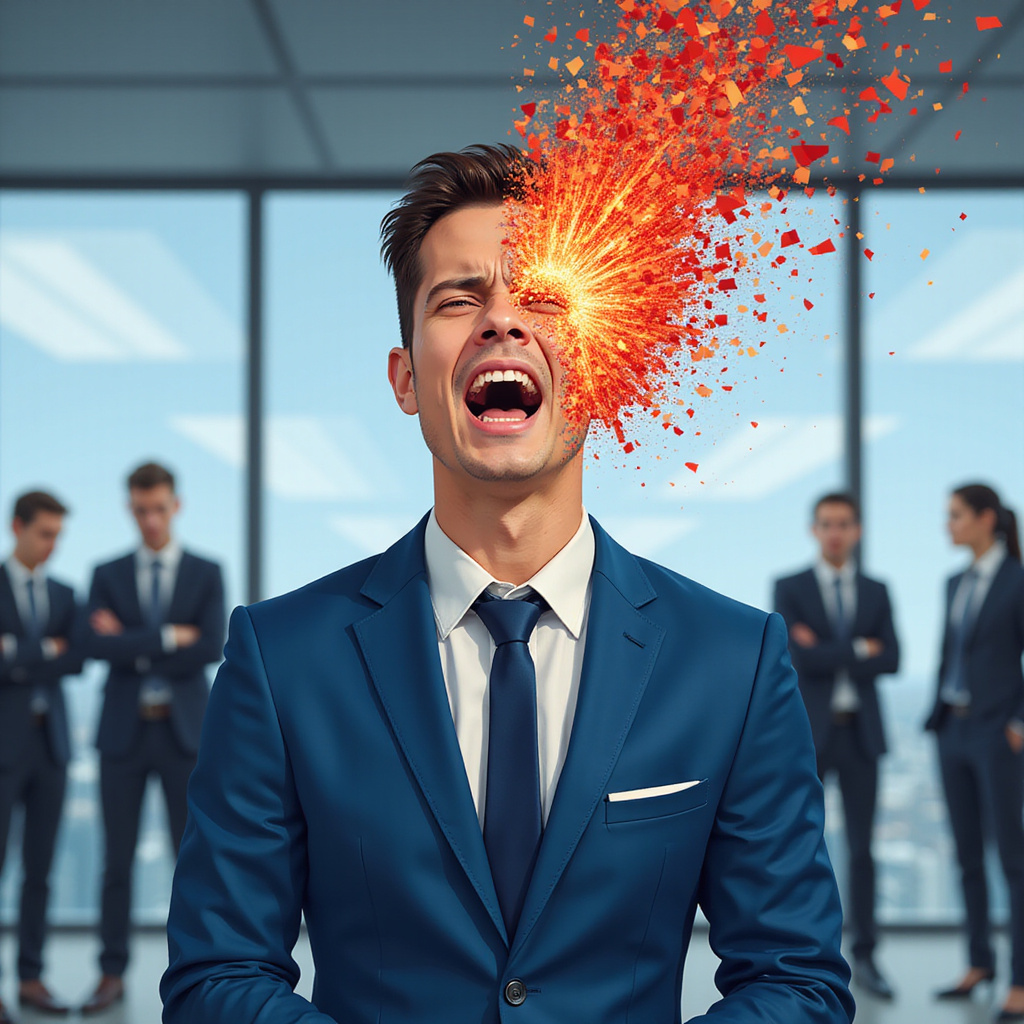 Mężczyzna w garniturze stojący przy oknie w biurowcu, zaciśnięte pięści i napiętą sylwetką, podczas gdy za jego plecami współpracownicy wymieniają się pełnymi obawy spojrzeniami. Grafika oddająca koncept izolacji i napięcia emocjonalnego w miejscu pracy.