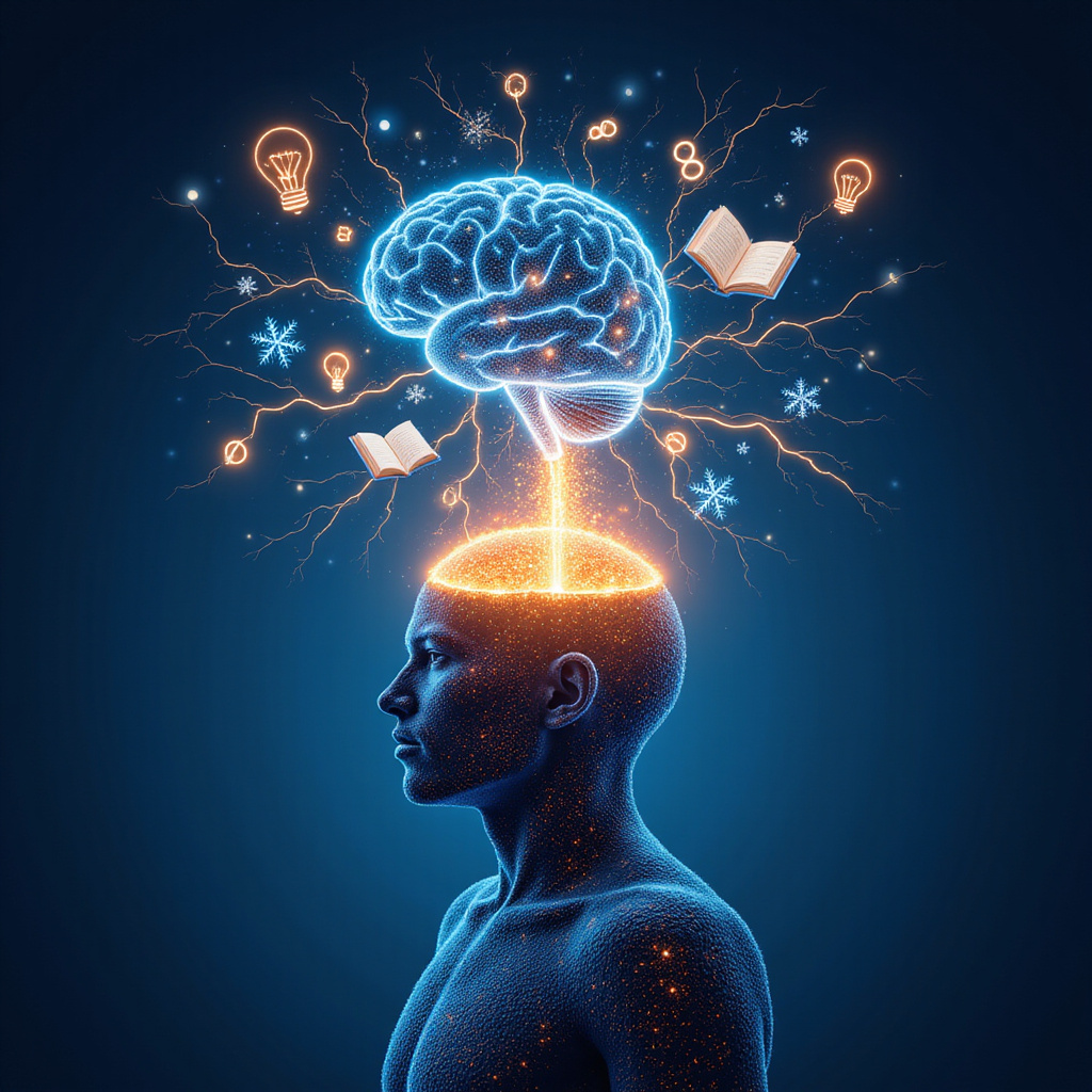 Dwoje biznesowych profesjonalistów stojących naprzeciwko siebie, symbolizujących współpracę świadomego i podświadomego umysłu, otoczonych subtlenymi ikonami reprezentującymi myśli, idee i sukces.