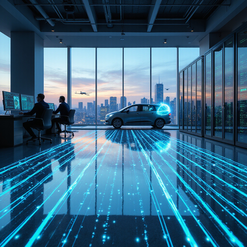 Mężczyzna w garniturze prowadzi płynną wideokonferencję na nowococzesnym laptopie, podczas gdy na drugim monitorze widać stabilne wskaźniki prędkości internetu. Tło stanowi nowoczesne, minimalistyczne biuro.