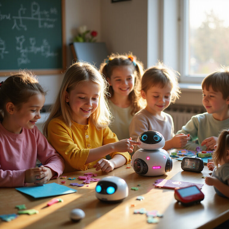 Alt-text: Dzieci programujące edukacyjnego robota w szkolnej pracowni komputerowej, uczące się podstaw kodowania przez zabawę ```