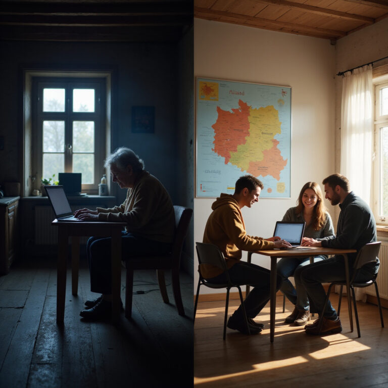 Alt-text: Zdjęcie przedstawiające dziecko uczące się na laptopie obok osoby starszej zmagającej się z obsługą smartfona, ilustrujące przepaść pokoleniową w dostępie do technologii.