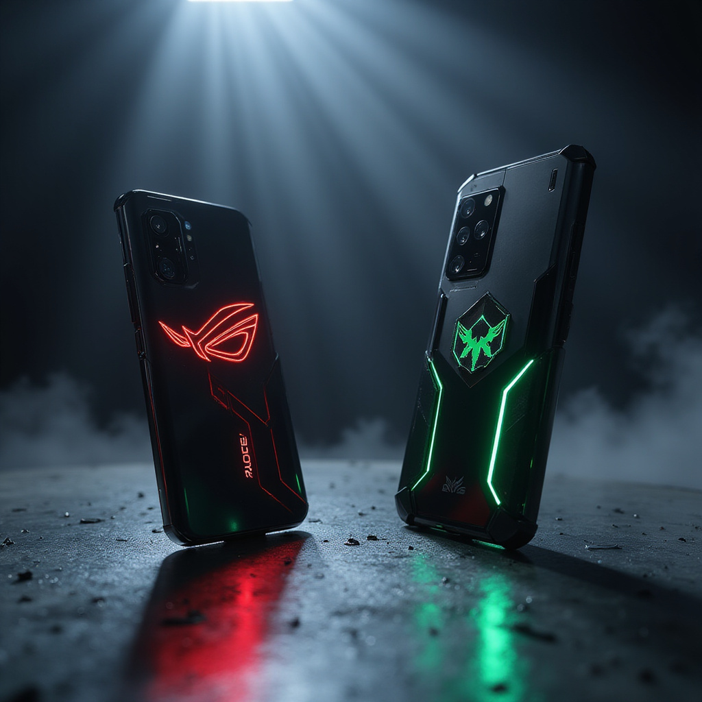 Dwa flagowe smartfony gamingowe – ROG Phone i Black Shark – leżą obok siebie na tle ekranu z grą mobilną.