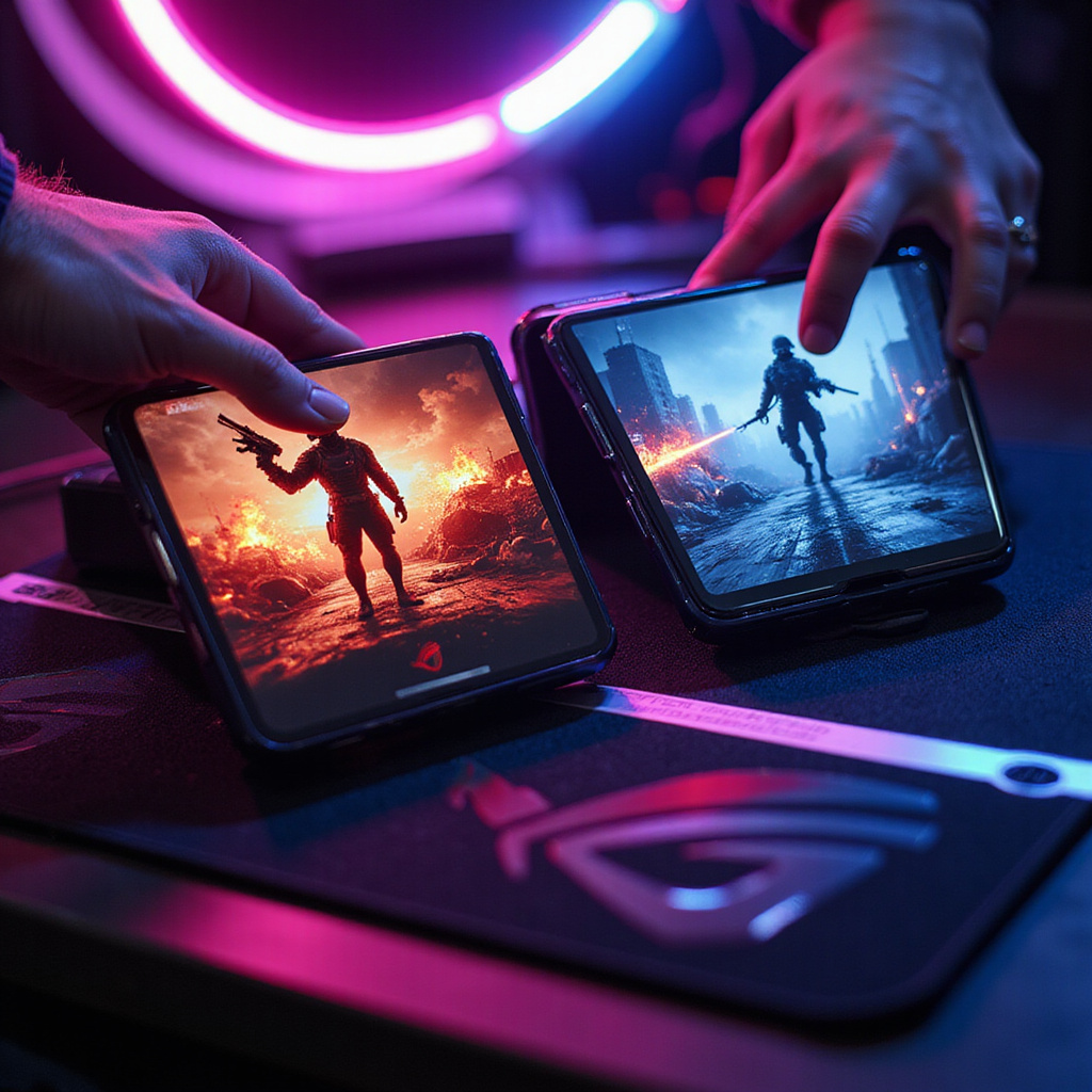 Dwa flagowe smartfony gamingowe – ROG Phone i Black Shark – leżą obok siebie na tle ekranu z grą mobilną.