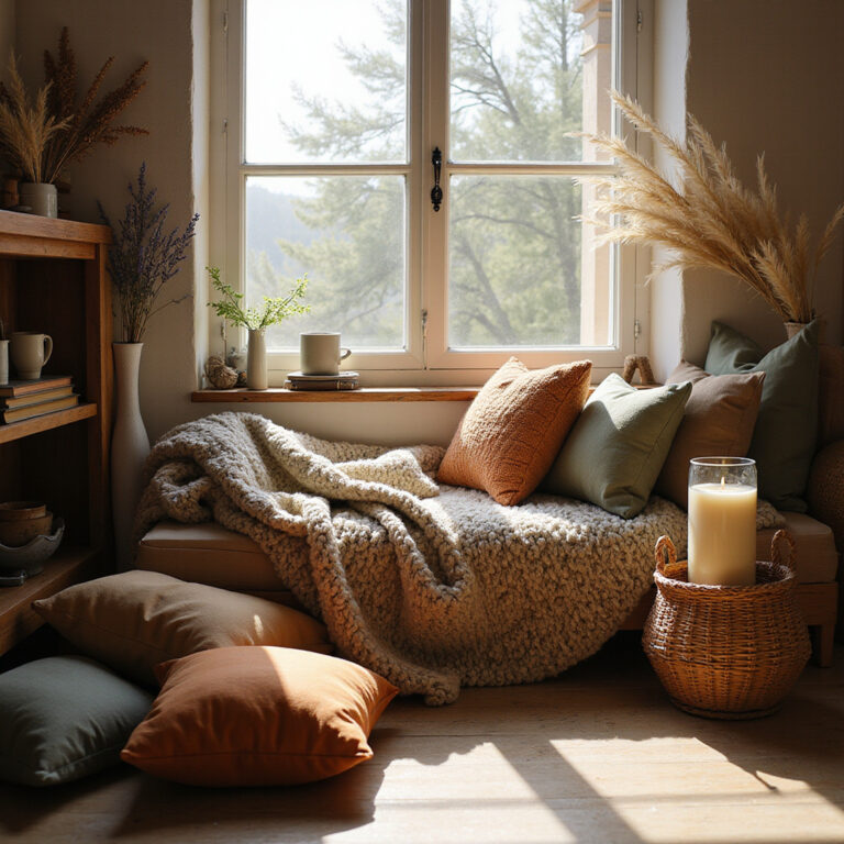 Alt-text: Przytulny kącik w domu z książkami i świecami, symbolizujący strefę wolną od technologii.