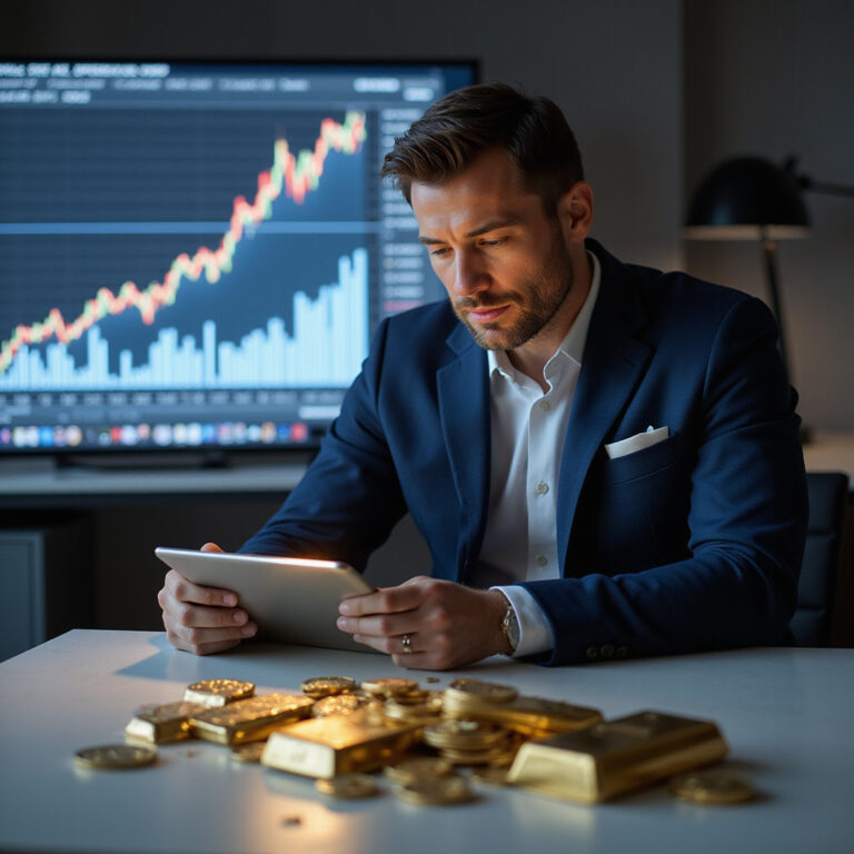 Zbliżenie na dłoń przedsiębiorcy trzymającego sztabkę złota i srebrną monetę na tle wykresów wzrostu firmy i stabilnej linii cen metali szlachetnych.