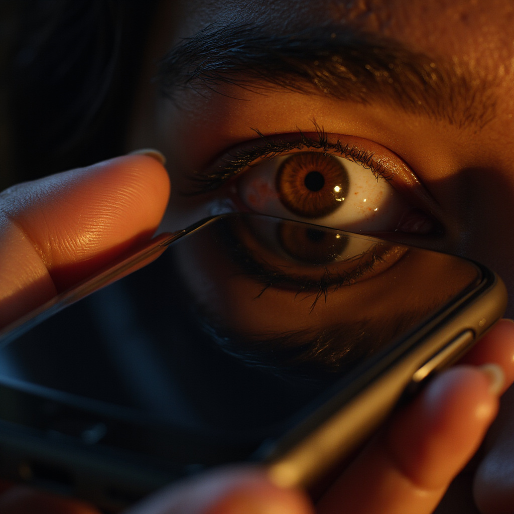 Alt-text: Kobieta w okularach przeciwsłonecznych trzymająca smartfon z widocznym filtrem niebieskiego światła na ekranie