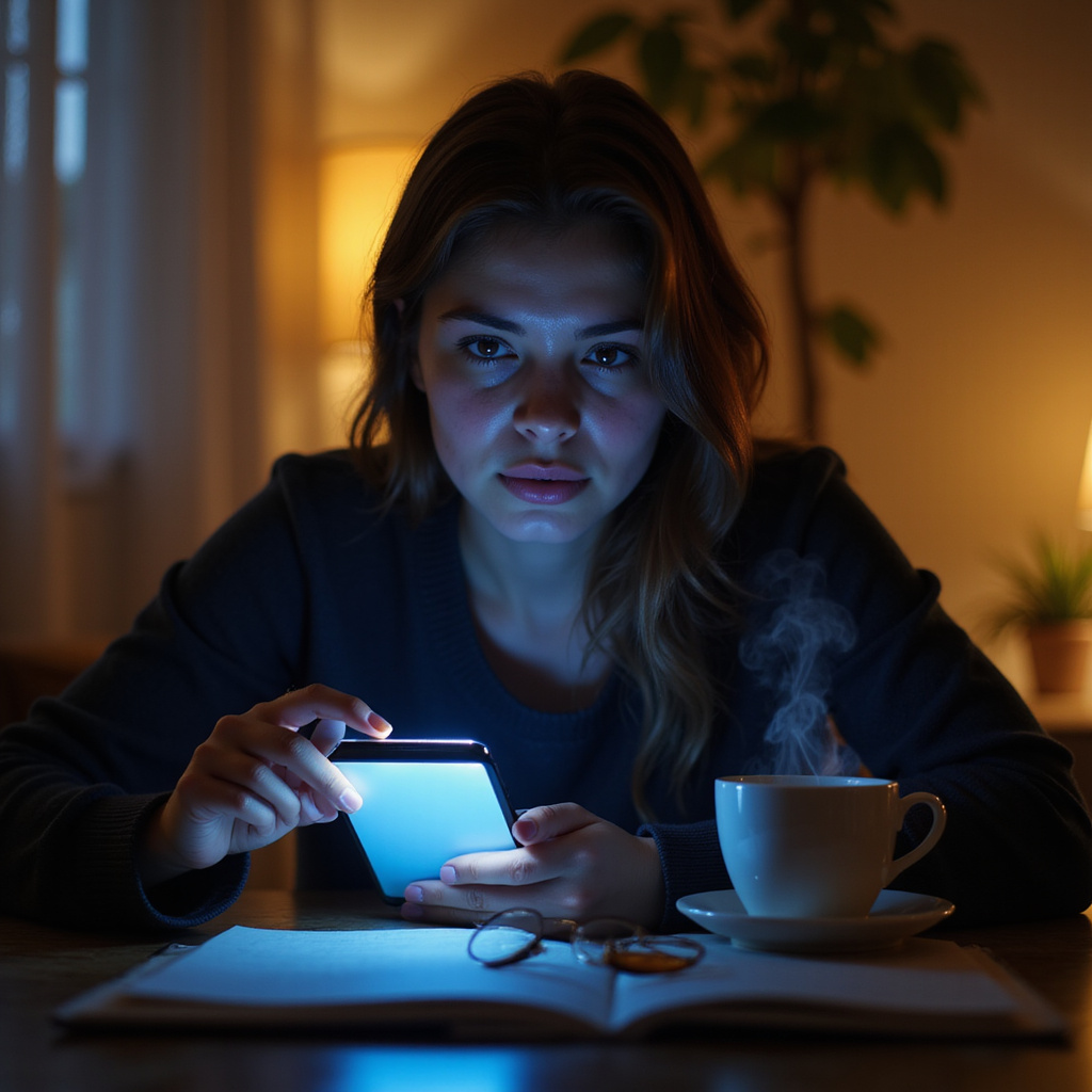 Alt-text: Kobieta w okularach przeciwsłonecznych trzymająca smartfon z widocznym filtrem niebieskiego światła na ekranie