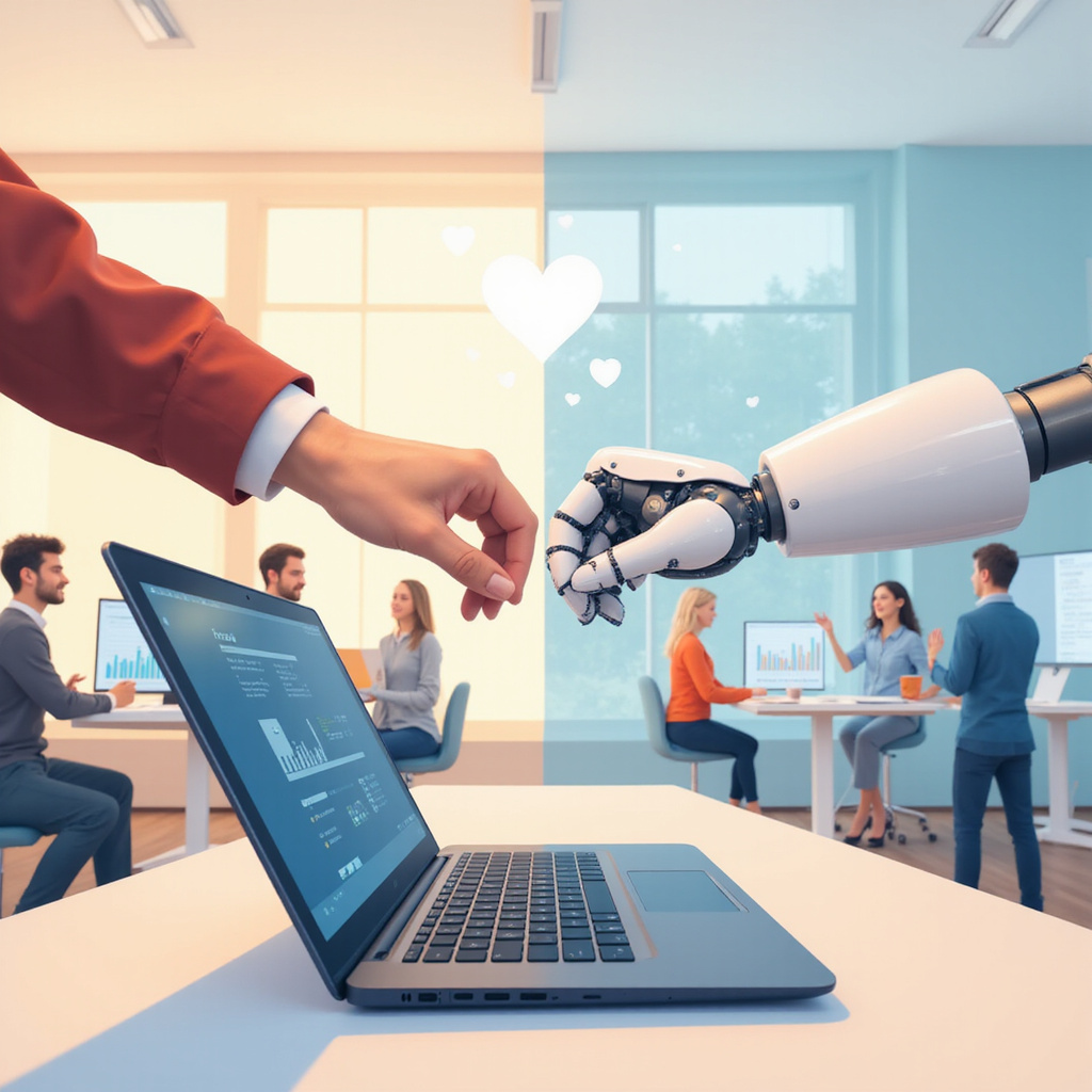 Grafika przedstawiająca dwóch biznesmenów rozmawiających przez ekrany komputerów, pomiędzy którymi unosi się symboliczne serce złożone z obwodów i ludzkiej dłoni, ilustrująca połączenie technologii z empatią.