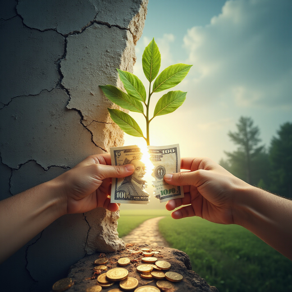 Zdenerwowana osoba przeglądająca stresujące rachunki i wyciągi bankowe na stole, obok leży otwarty laptop z widocznym arkuszem kalkulacyjnym budżetu, a w tle widać symbolicznie rosnącą roślinę, reprezentującą nadzieję i rozwój.