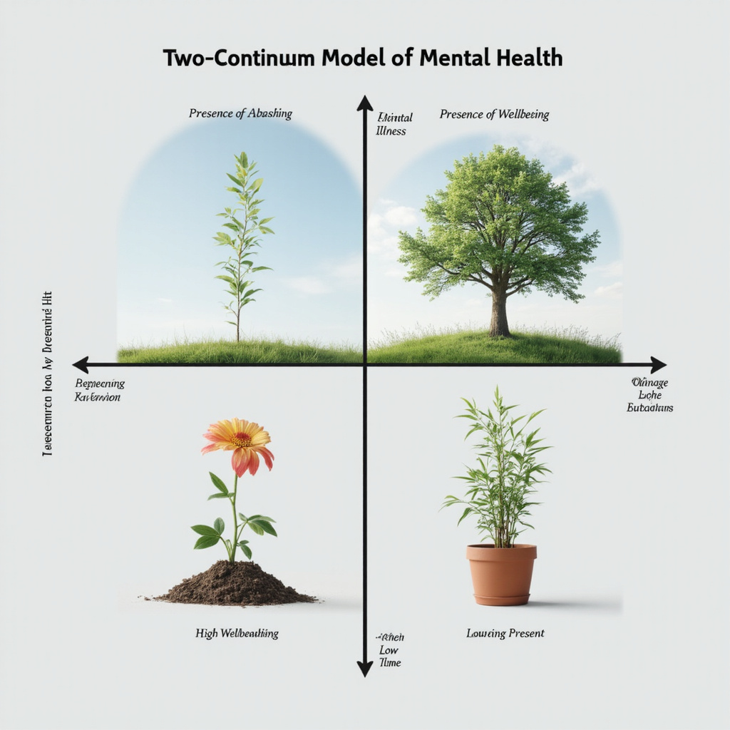 Infografika przedstawiająca model dwukontinuum zdrowia psychicznego z osiami obecności choroby i dobrostanu
