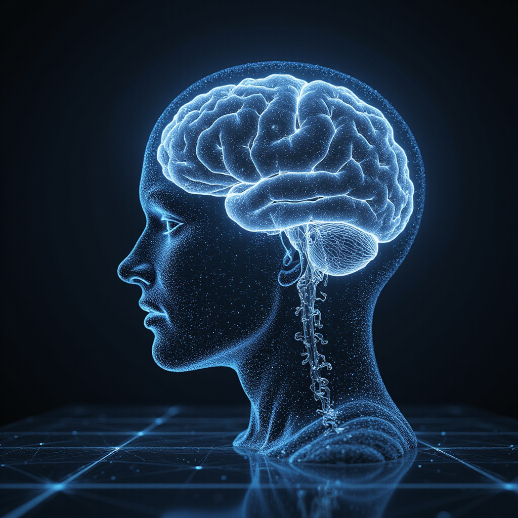 Grafika koncepcyjna przedstawiająca połączenie symboli opieki zdrowotnej i technologii AI, ilustrująca rewolucję w leczeniu zdrowia psychicznego.