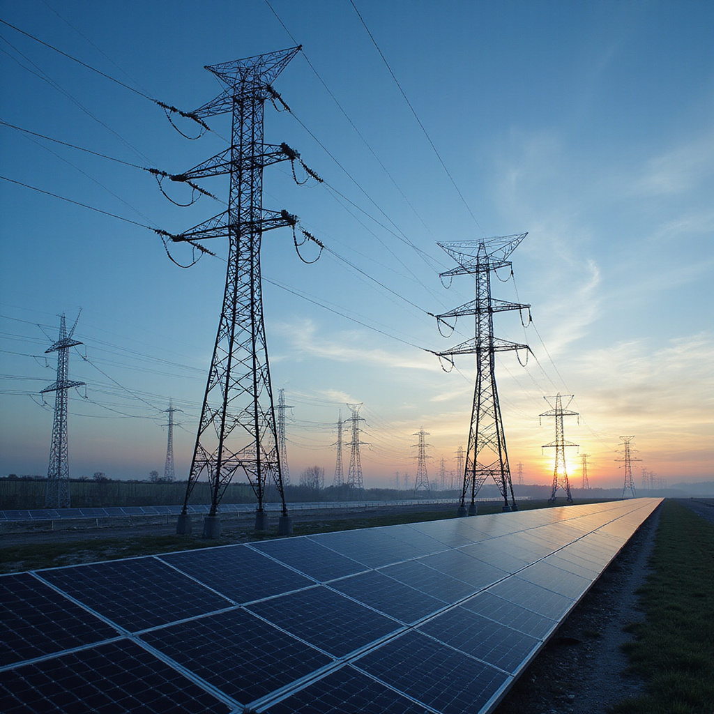 Alt-text: Inteligentna sieć energetyczna zarządzająca przepływem energii z farmy wiatrowej i paneli słonecznych.