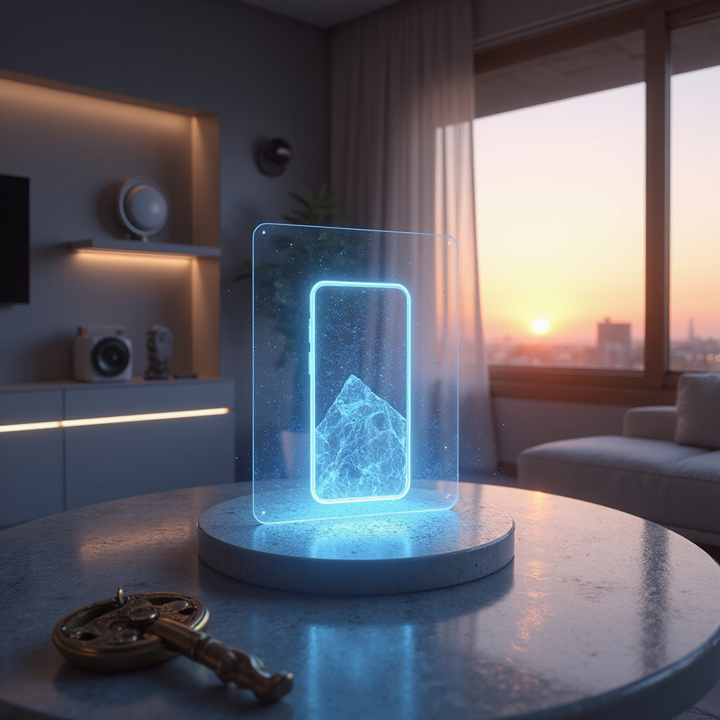 Alt-text: Mężczyzna konfigurujący zabezpieczenia smart home na tablecie z widocznymi ikonami kamer i czujników.