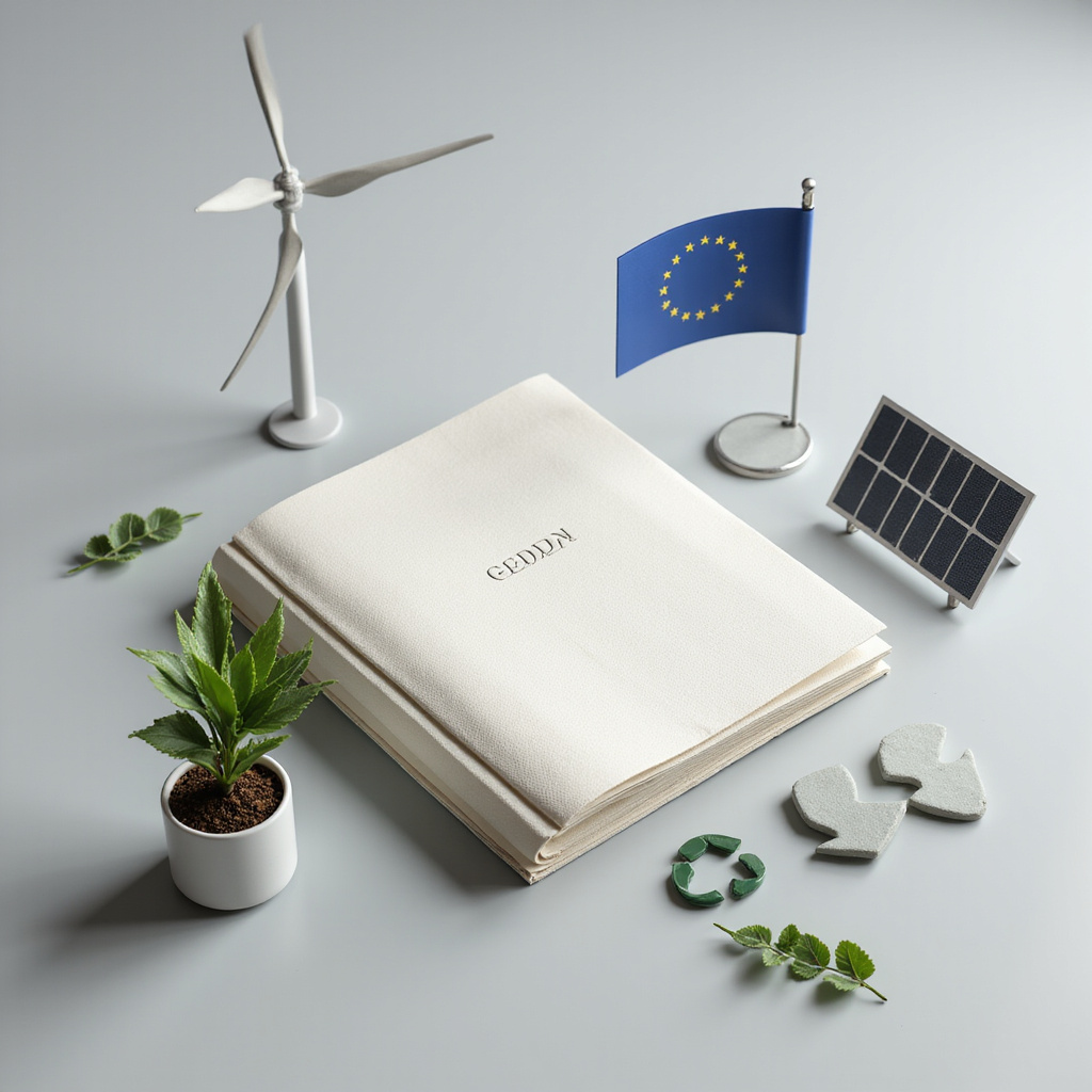 Grafika przedstawiająca symbole zrównoważonego rozwoju i flagę Unii Europejskiej obok dokumentów z napisem CSDDD