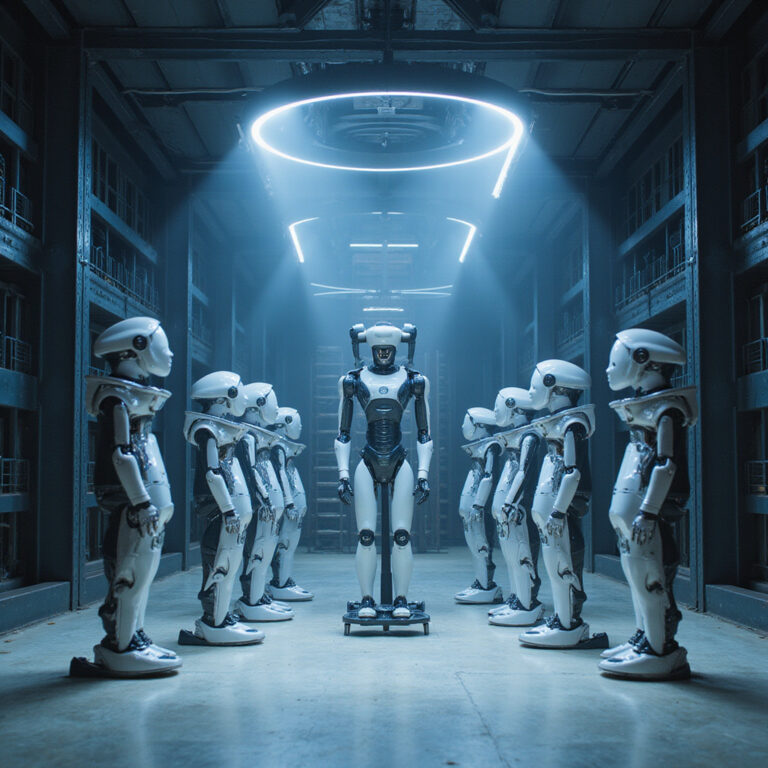 Autonomiczne roboty Kiva przemieszczające się między regałami w magazynie Amazon, optymalizując proces kompletacji zamówień.