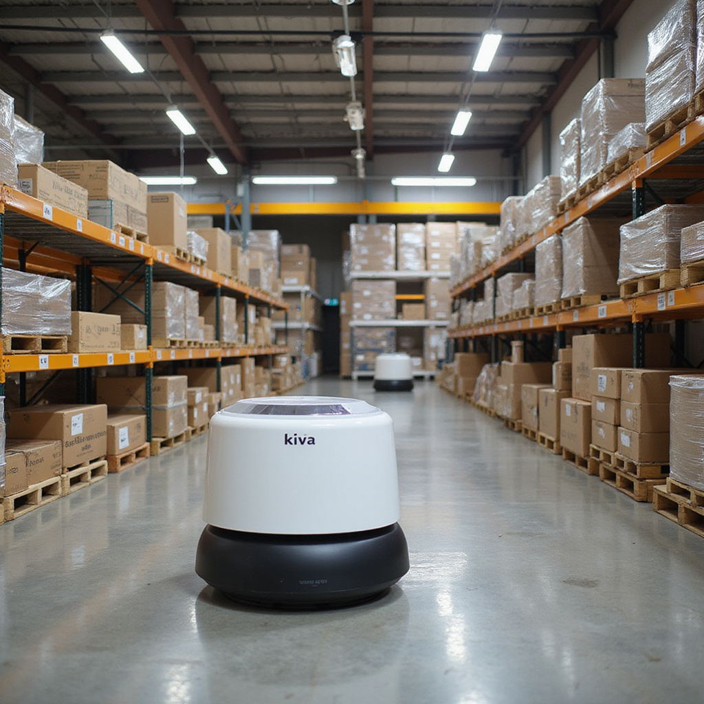 Autonomiczne roboty Kiva przemieszczające się między regałami w magazynie Amazon, optymalizując proces kompletacji zamówień.