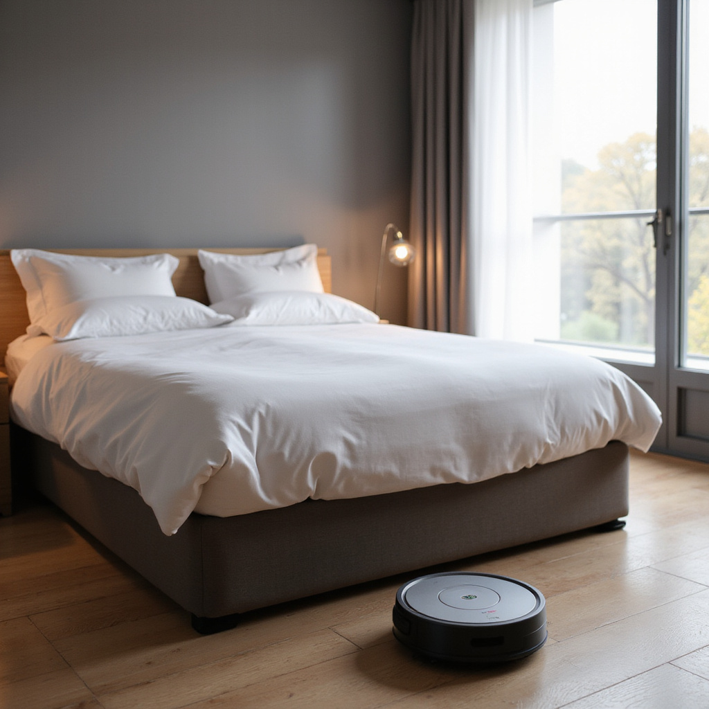 alt-text: Humanoidalny robot Pepper w eleganckim holu hotelowym, wita gości z uśmiechem, w tle widać roboty Roomba sprzątające podłogę.
