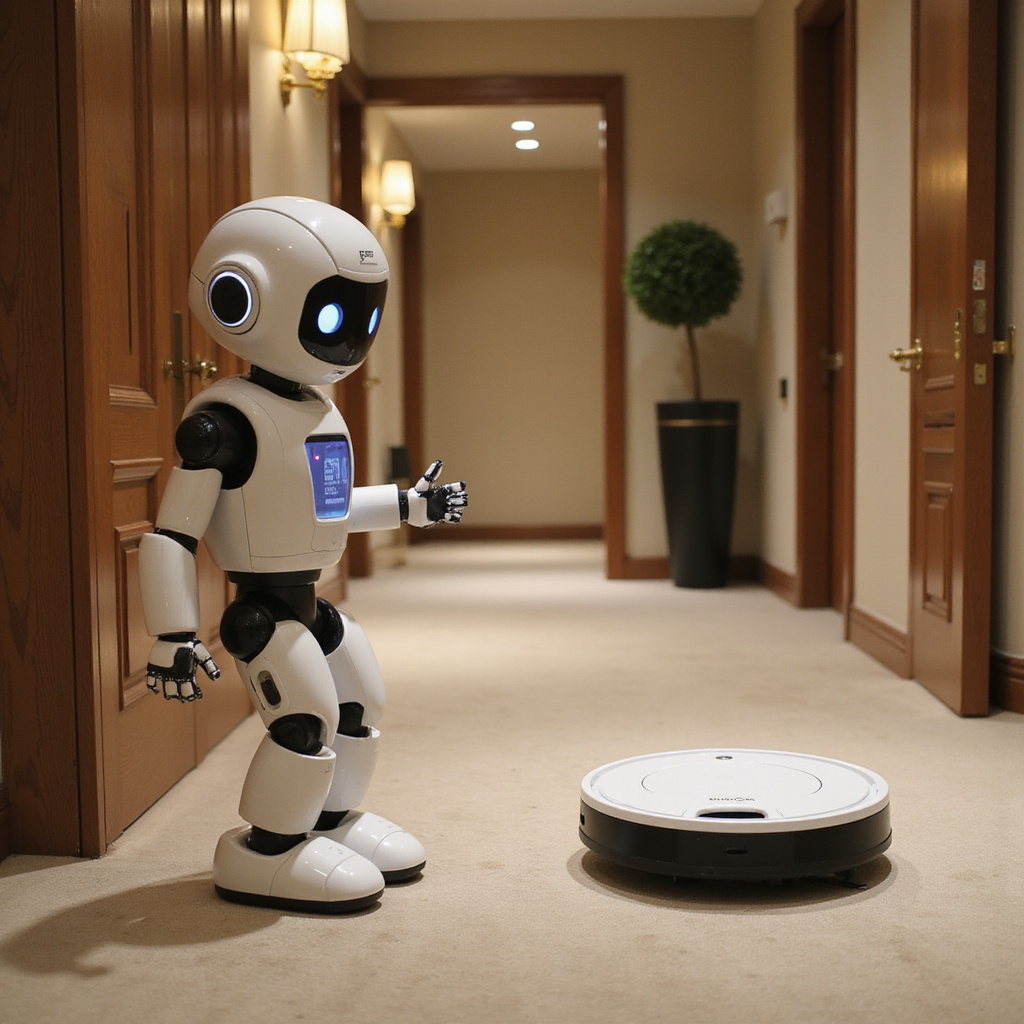 alt-text: Humanoidalny robot Pepper w eleganckim holu hotelowym, wita gości z uśmiechem, w tle widać roboty Roomba sprzątające podłogę.