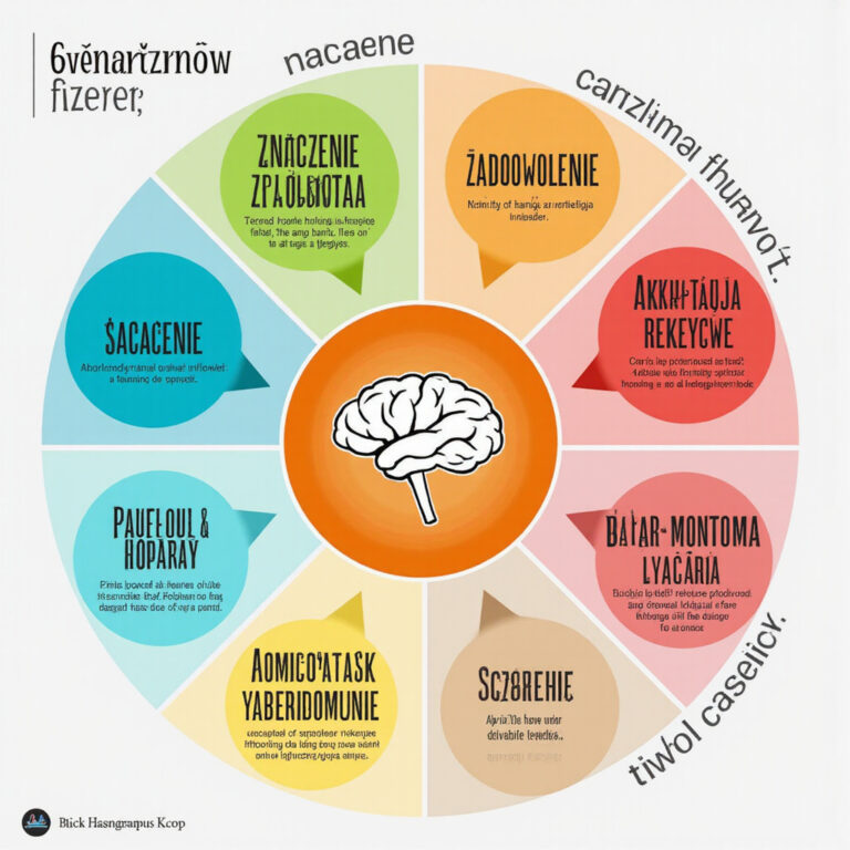 Infografika przedstawiająca 6 filarów zdrowia psychicznego: znaczenie, zadowolenie, akceptacja, relacje, autonomia, szczęście