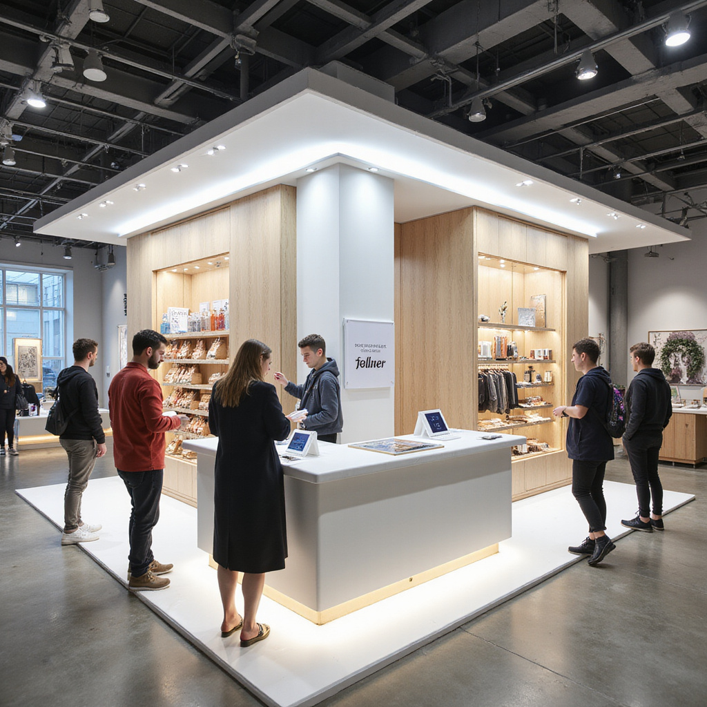 Efektywne, małe stoisko targowe z otwartą przestrzenią, przyciągające tłumy odwiedzających dzięki jasnemu komunikatowi i zaangażowanemu zespołowi.