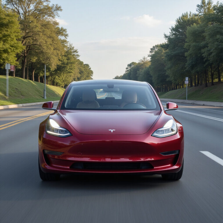 Tesla Model 3 z włączonym systemem Autopilot jadąca po holenderskiej autostradzie