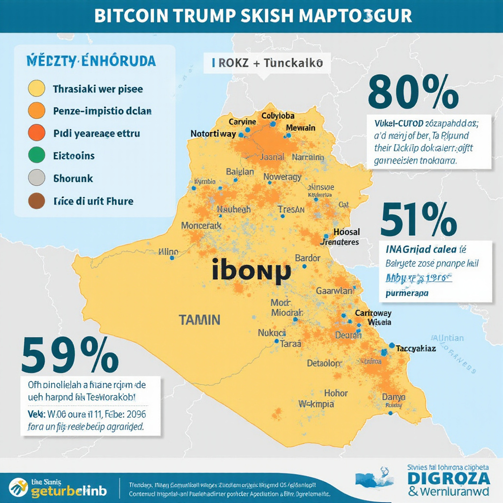 Infografika przedstawiająca mapę Cieśniny Ormuz z zaznaczoną blokadą portu, wykresy cen ropy naftowej i Bitcoina oraz wizerunki Donalda Trumpa i irańskich przywódców.