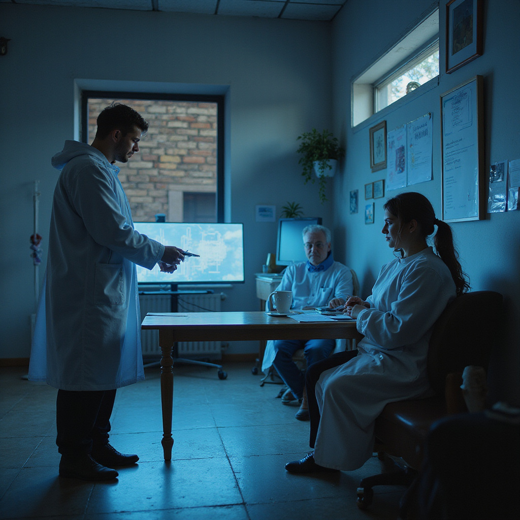 Wizualizacja symbolizująca połączenie technologii AI z ludzką empatią w gabinecie terapeutycznym – ekran z danymi analitycznymi i postać terapeuty.