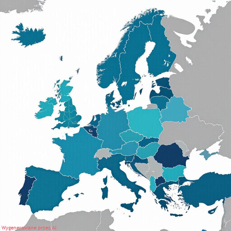 Wizualizacja danych ESG na mapie Europy przedstawiająca wskaźniki zrównoważonego rozwoju i strategii biznesowej