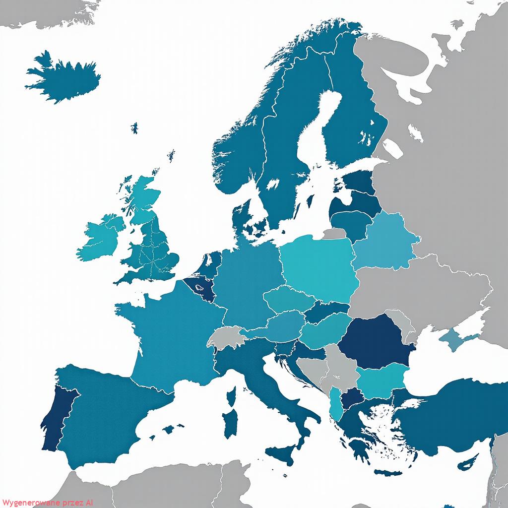Wizualizacja danych ESG na mapie Europy przedstawiająca wskaźniki zrównoważonego rozwoju i strategii biznesowej