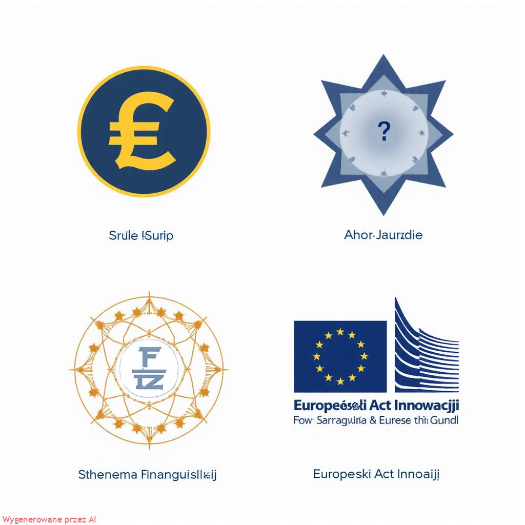 Grafika przedstawiająca symbole euro, schematy finansowania i logo Unii Europejskiej, ilustrująca Europejski Akt Innowacji