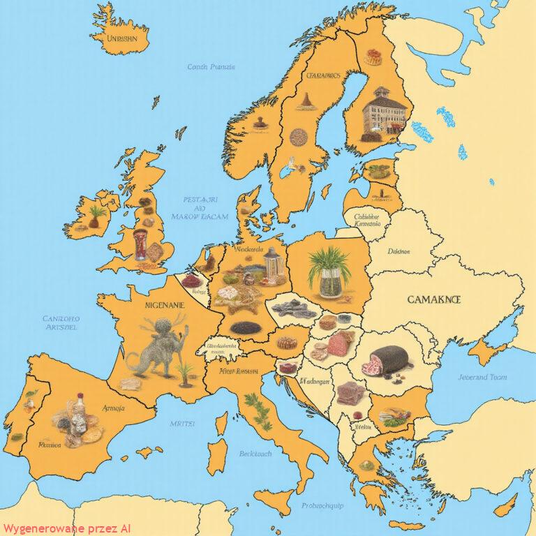 Mapa Europy z zaznaczonymi symbolami jedzenia nad Niemcami i Francją, ilustrująca związek między wzrostem gospodarczym a turystyką kulinarną
