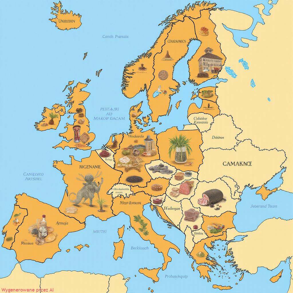 Mapa Europy z zaznaczonymi symbolami jedzenia nad Niemcami i Francją, ilustrująca związek między wzrostem gospodarczym a turystyką kulinarną