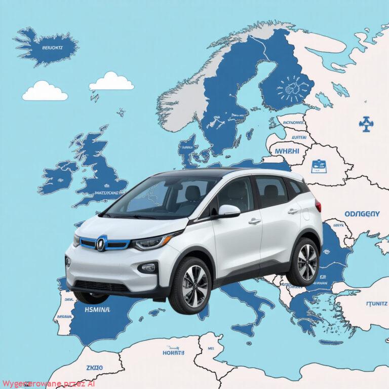 Grafika przedstawiająca koncept przyszłości motoryzacji - elektryczny samochód na tle mapy Europy z symbolami inwestycji w technologie.